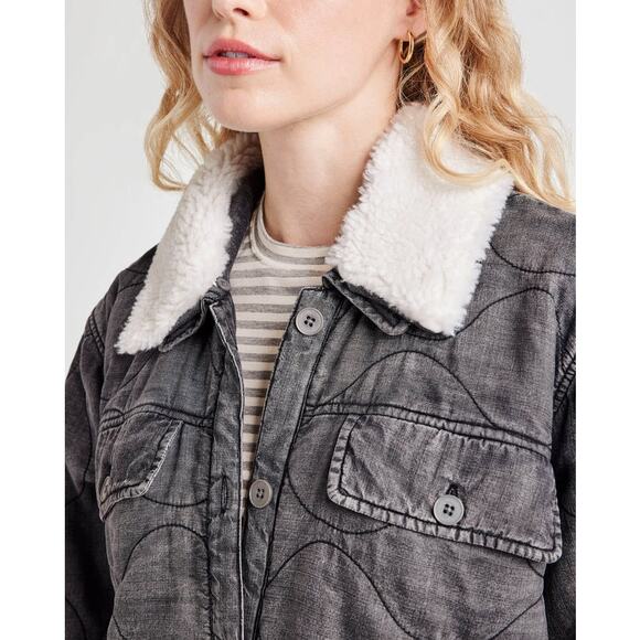 Splendid Women Charcoal Wash Kayden Sherpa Collar Quilted Boxy Jacket Size XL - Picture 2 of 5